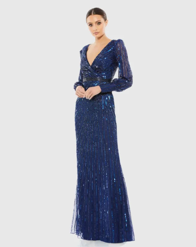 Sequined Wrap Over Bishop Sleeve Gown sold by Mac Duggal