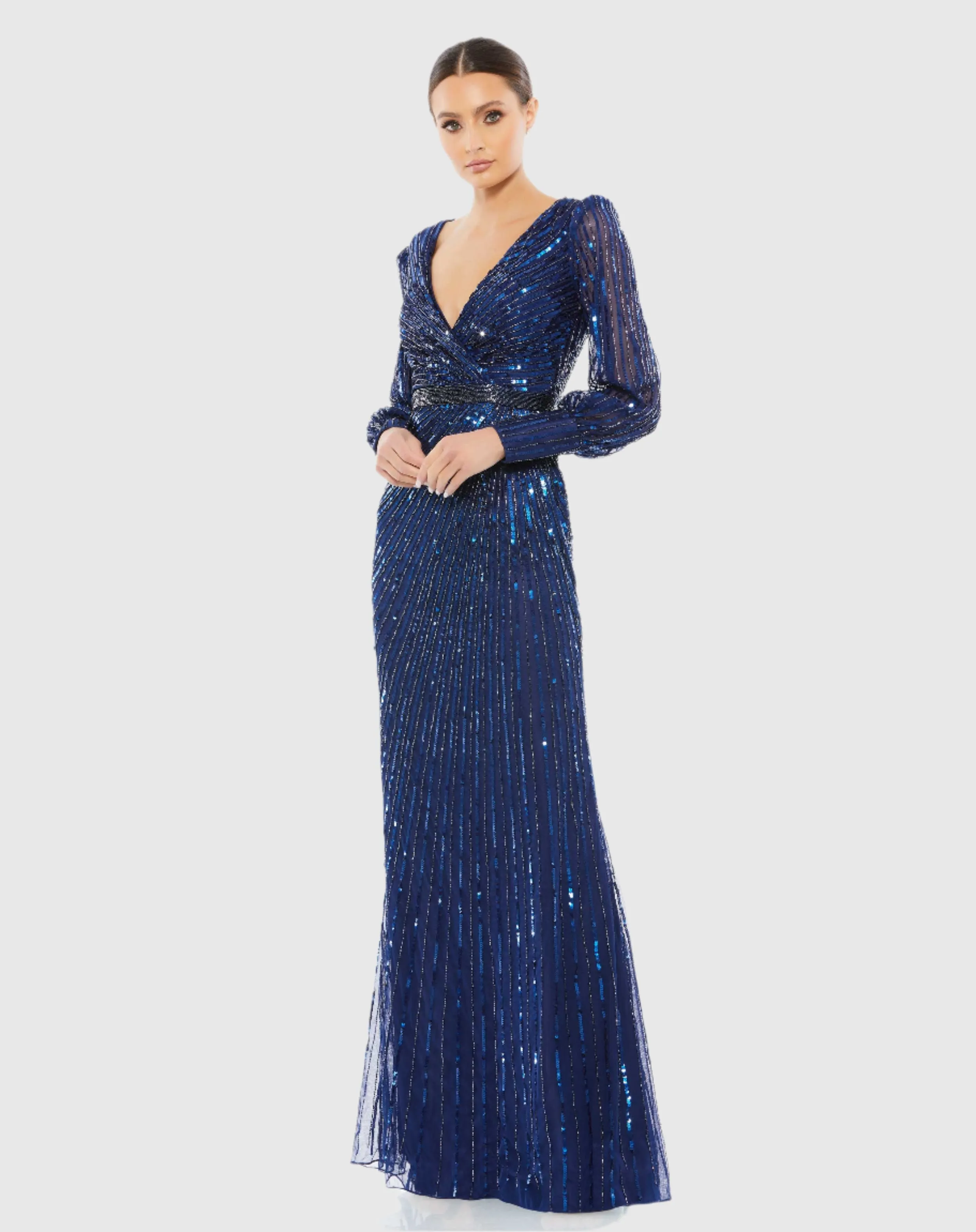 Sequined Wrap Over Bishop Sleeve Gown sold by Mac Duggal