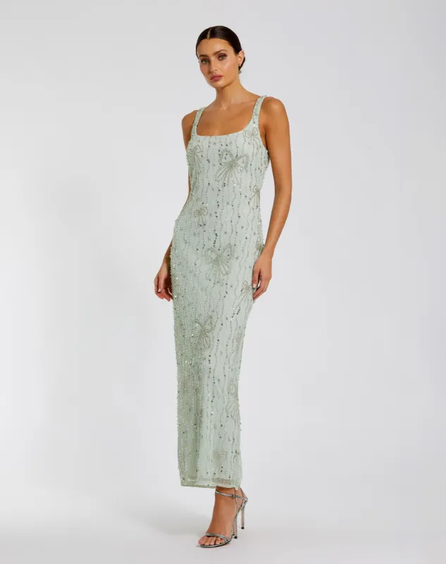 Green Beaded Mesh Scoop Neck Fitted Gown With Bows sold by Mac Duggal
