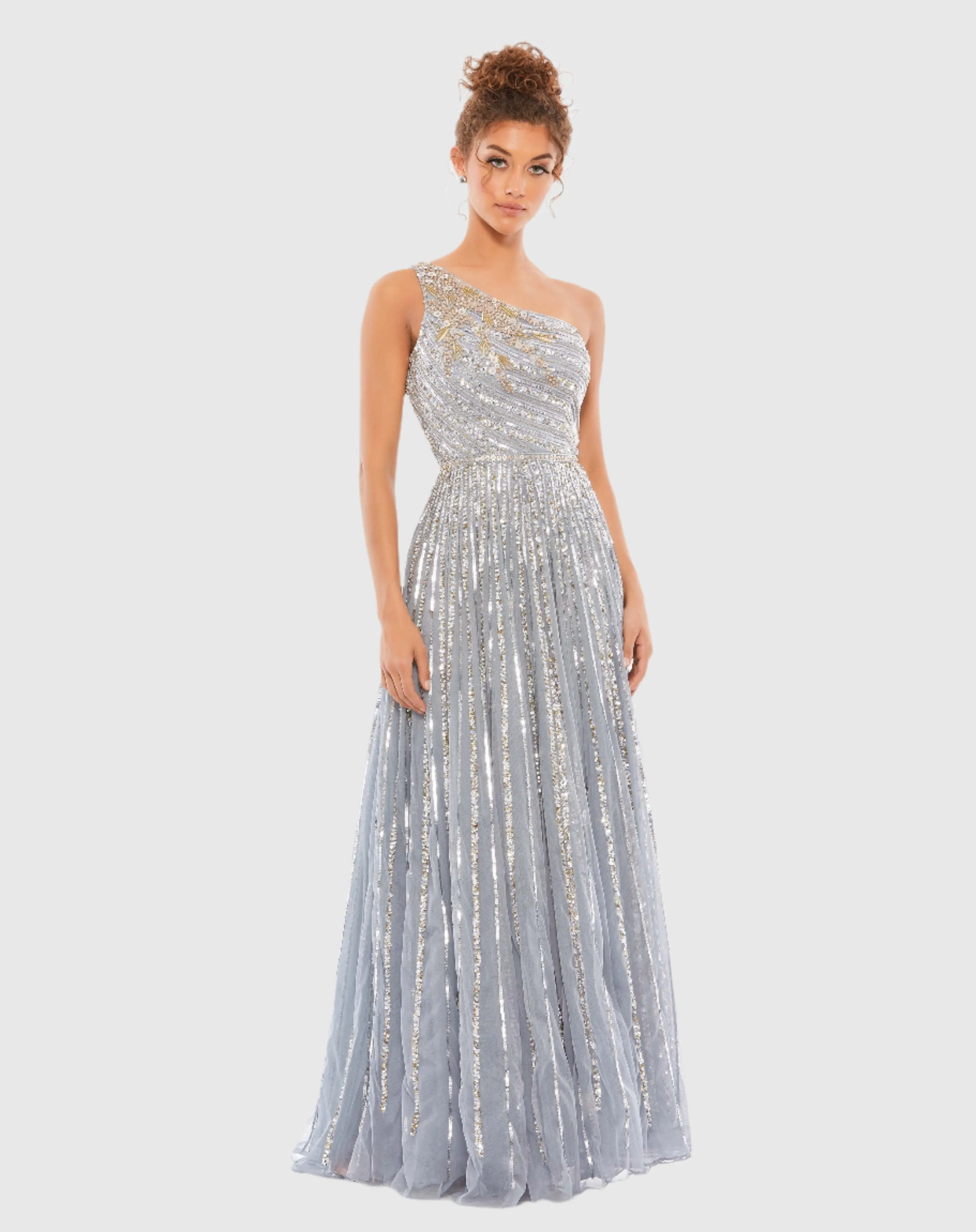 Silver Embellished One Shoulder A-Line Gown sold by Mac Duggal