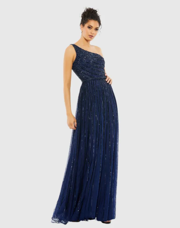 Navy Embellished One Shoulder A-Line Gown sold by Mac Duggal