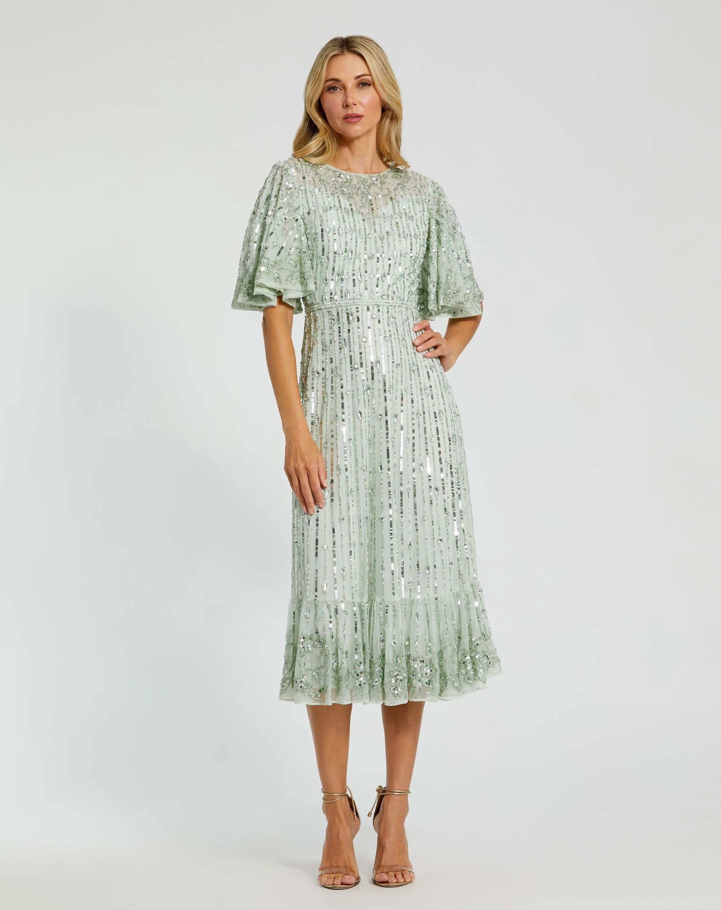 Green Flounce Sleeve Midi Dress sold by Mac Duggal