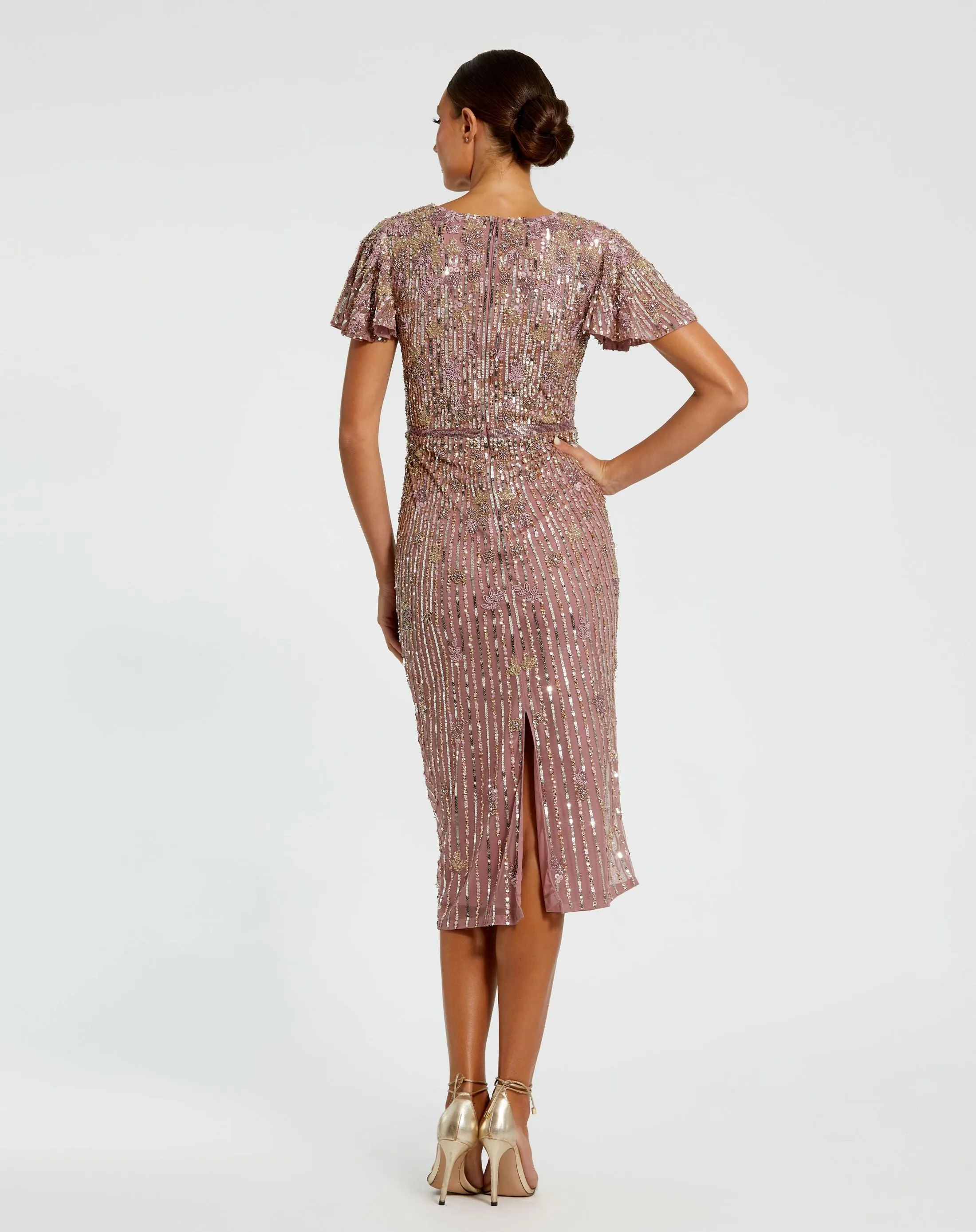 Purple Embellished Faux Wrap Flutter Sleeve Dress sold by Mac Duggal product image thumbnail 3