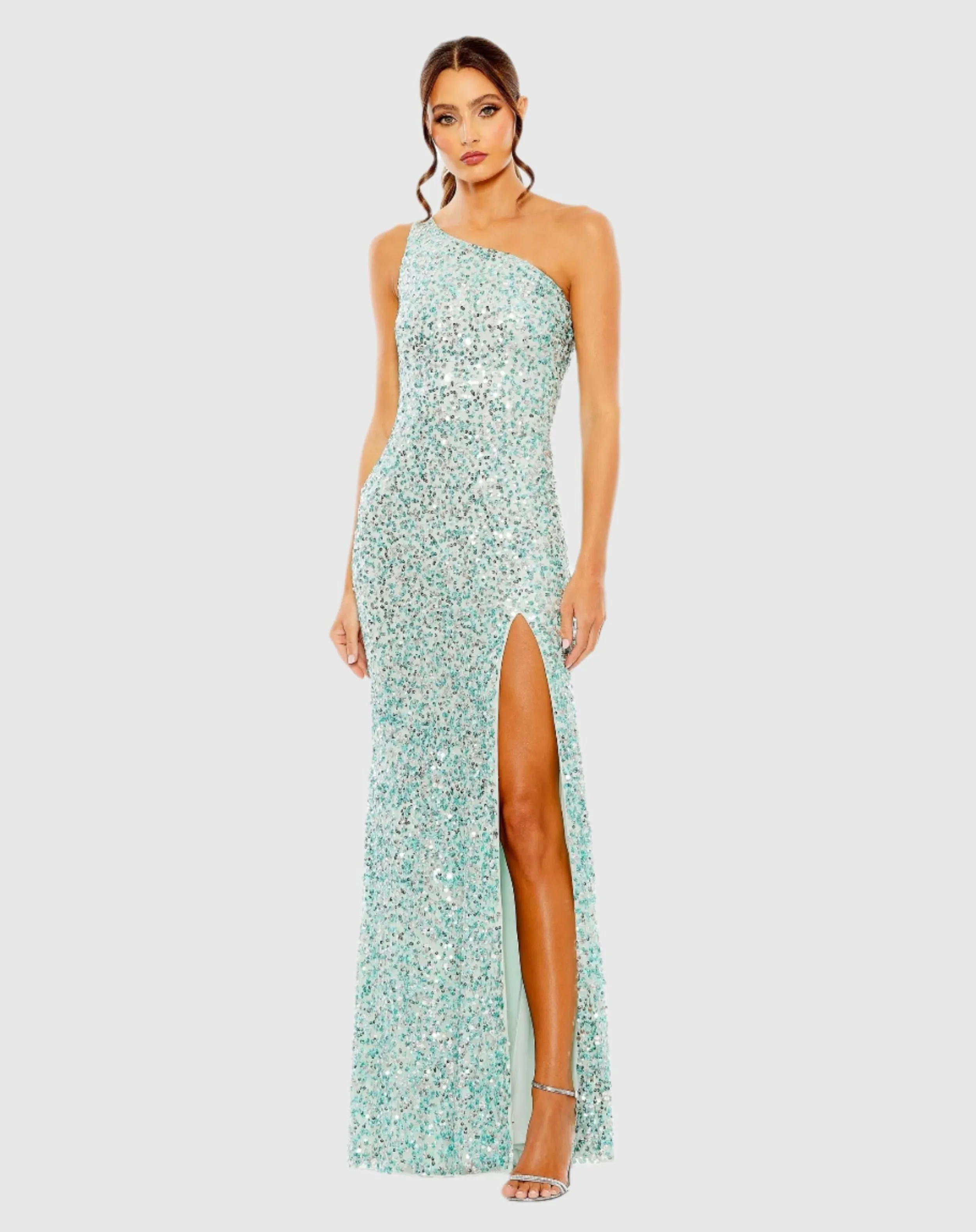 Blue Sequined One Shoulder Gown With Slit sold by Mac Duggal