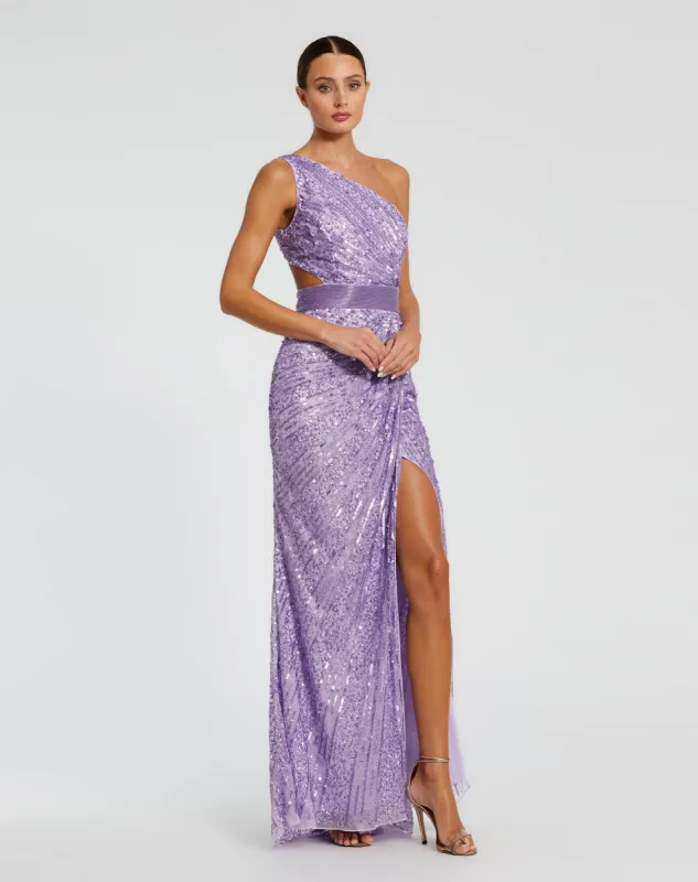 Purple Sequined One Shoulder Draped Lace Up Gown sold by Mac Duggal