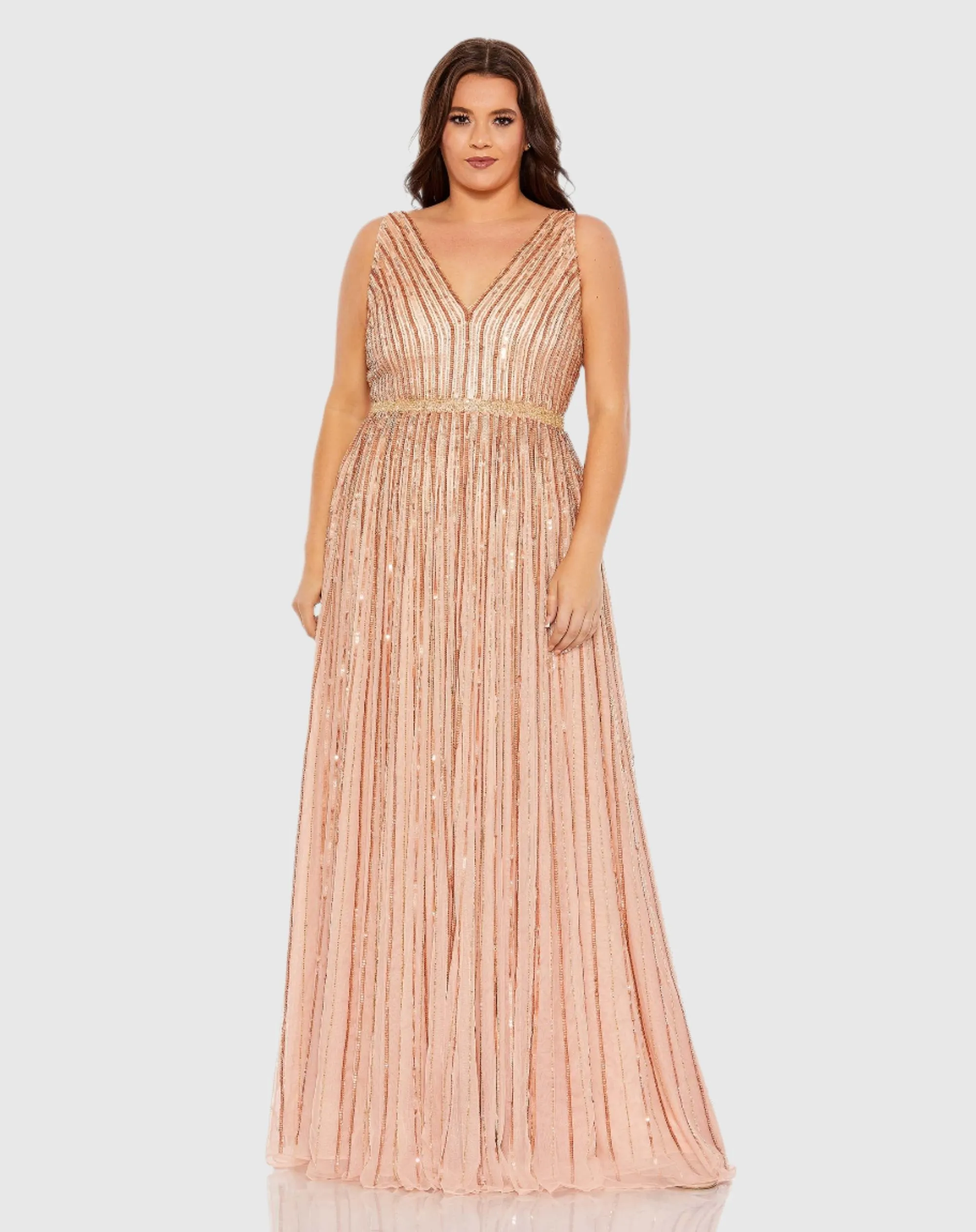 Sequined Striped Sleeveless V Neck A Line Gown (Plus) sold by Mac Duggal