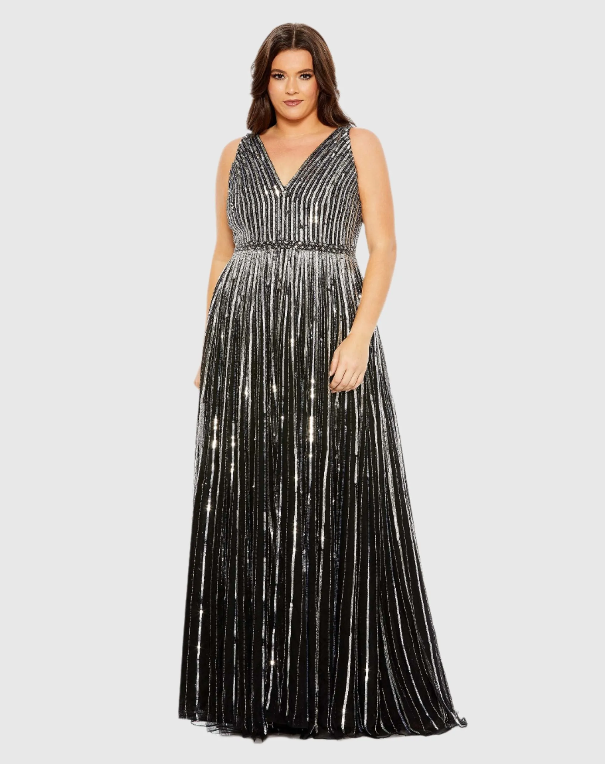 Sequined Striped Sleeveless V Neck A Line Gown (Plus) sold by Mac Duggal product image thumbnail 2