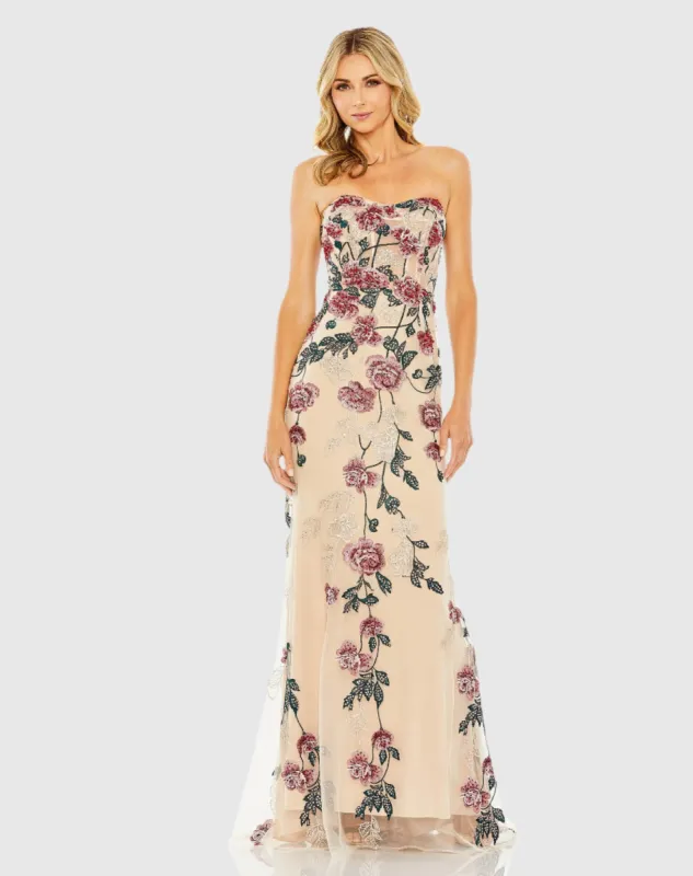 Beige Floral Embroidered Strapless Gown sold by Mac Duggal