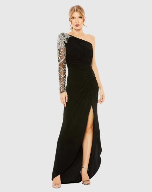 Black Embellished One Shoulder Long Sleeve Gown made by Mac Duggal