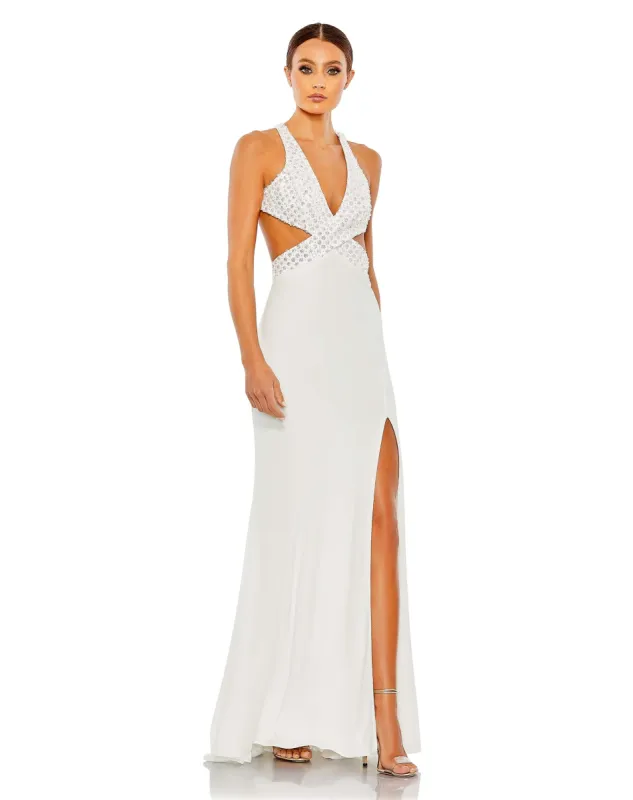 White Floral Sequined Criss Cross Bodice Gown sold by Mac Duggal