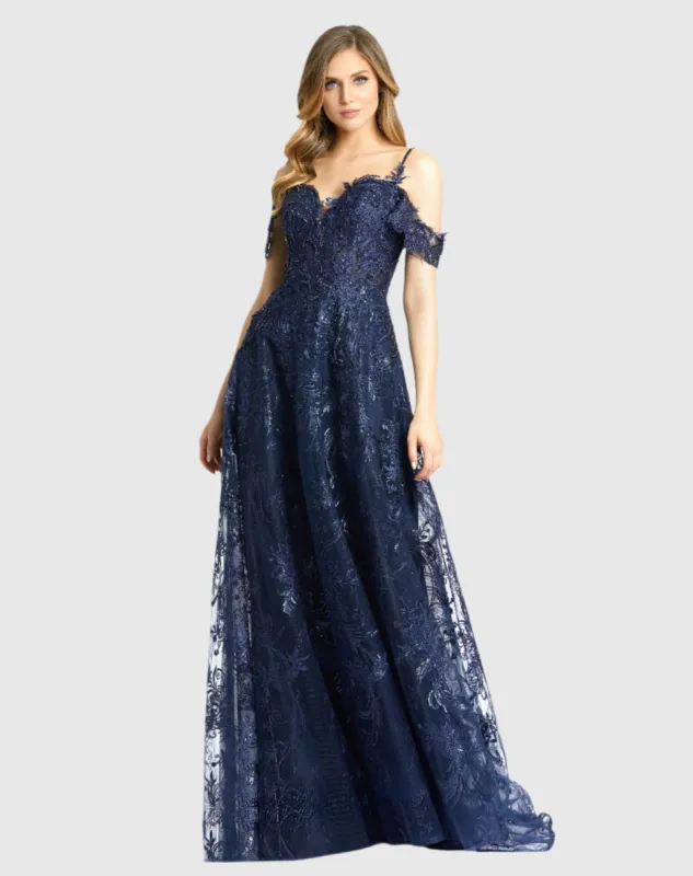 Navy Embellished Cold Shoulder Sweetheart A Line Gown sold by Mac Duggal