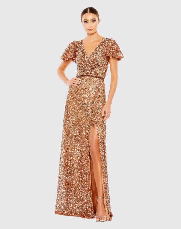 Copper Sequined Wrap Over Butterfly Sleeve Draped Gown sold by Mac Duggal