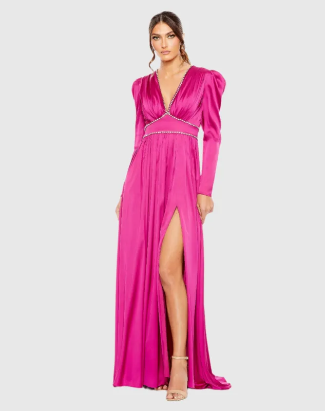 Pink Rhinestone Trim Puff Sleeve Gathered Gown sold by Mac Duggal