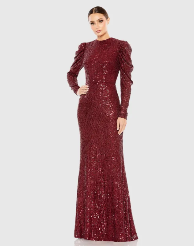 Red Sequined High Neck Puff Long Sleeve Column Gown sold by Mac Duggal