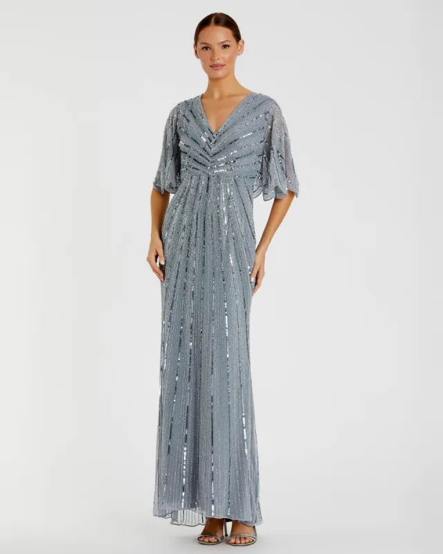 Blue Sequined V Neck Cape Sleeve Gown - FINAL SALE sold by Mac Duggal