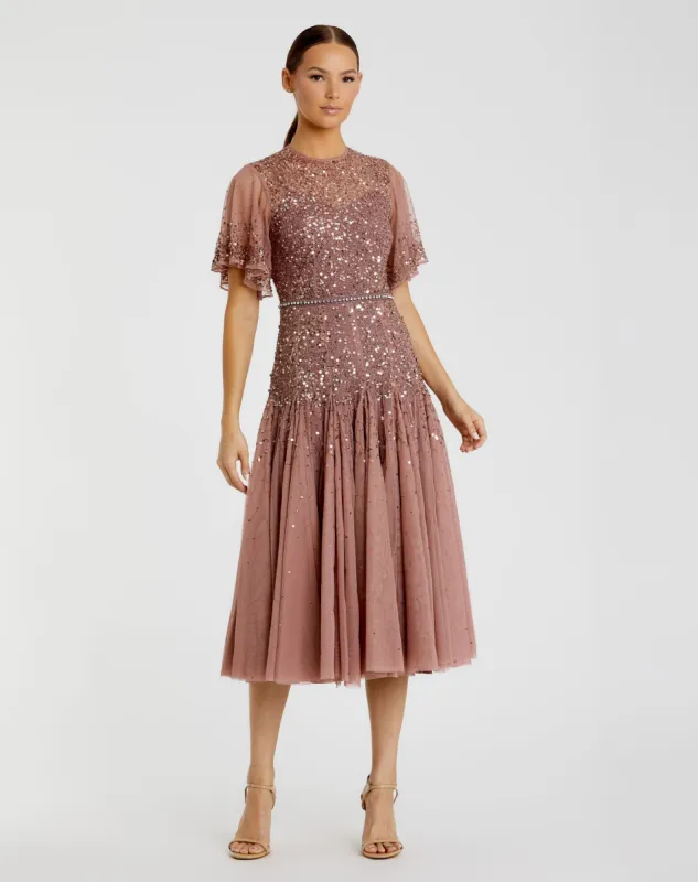 Pink Flutter Sleeve Beaded Tea Length Drop Waist Dress sold by Mac Duggal