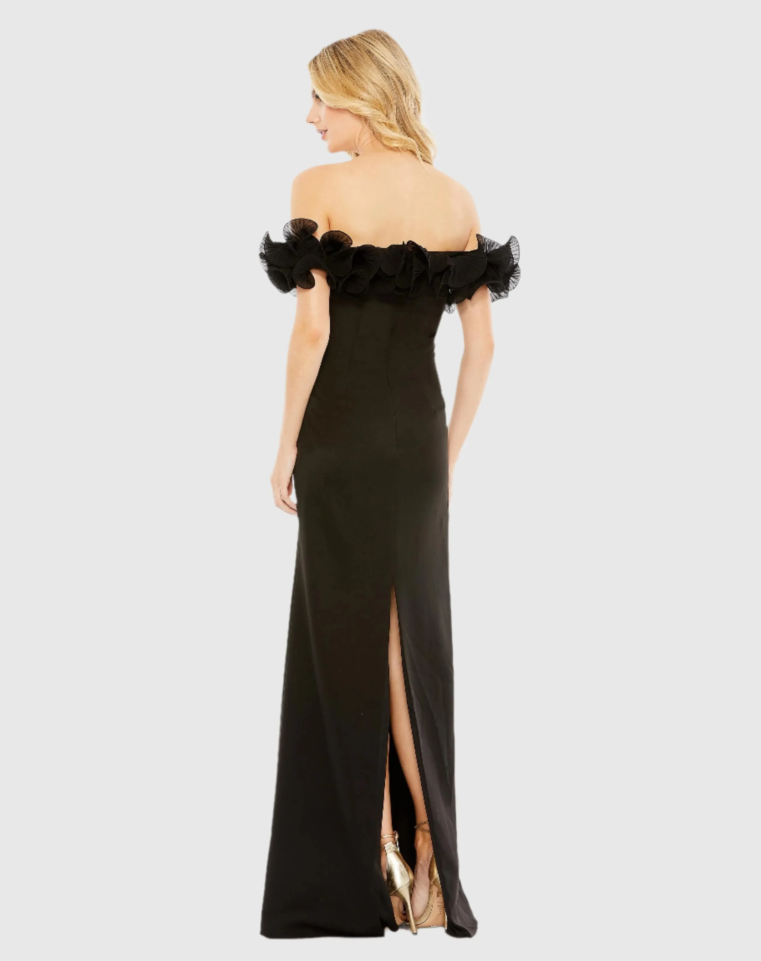 Black Off the Shoulder Ruffle Detail Column Gown sold by Mac Duggal product image thumbnail 3