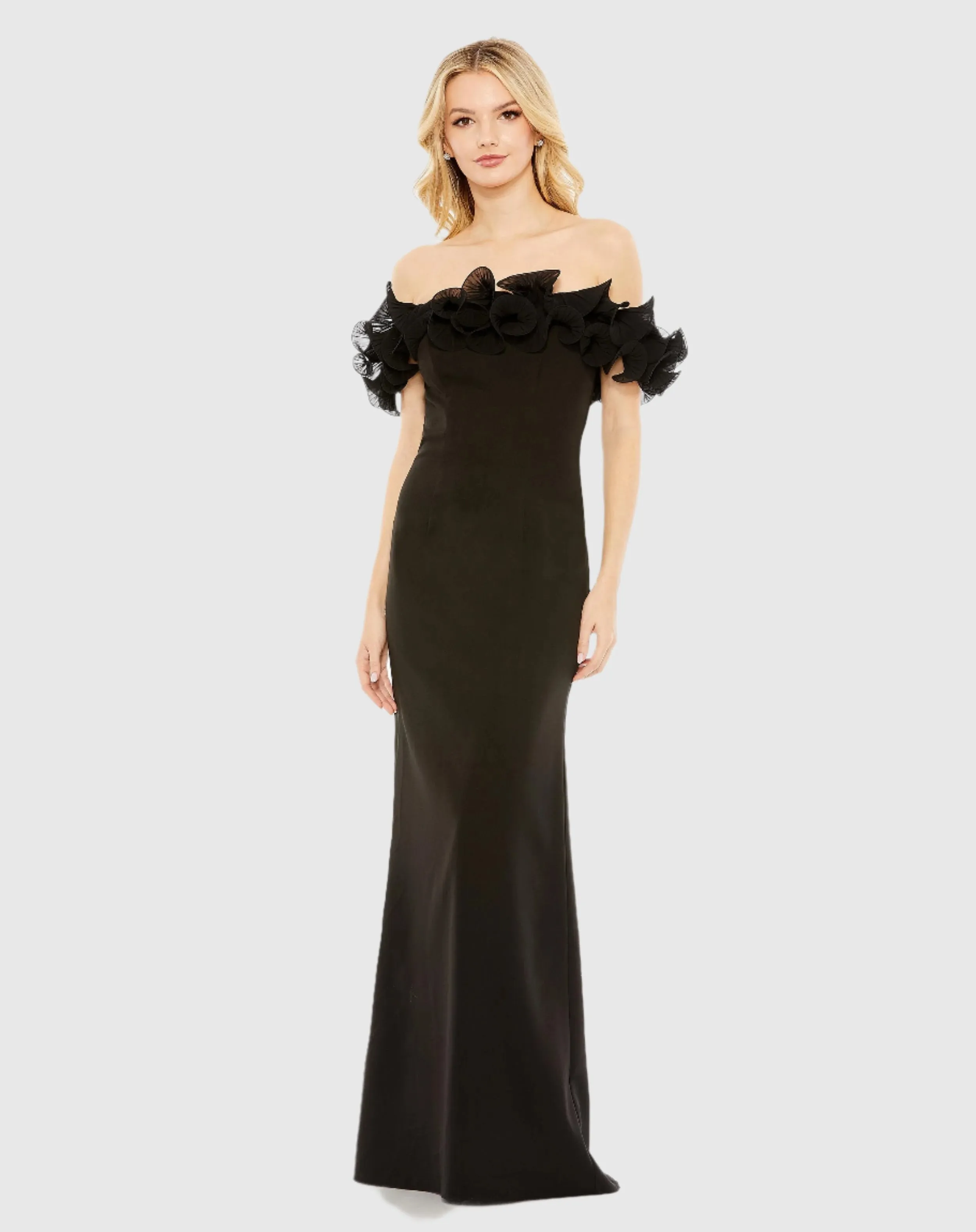 Black Off the Shoulder Ruffle Detail Column Gown sold by Mac Duggal