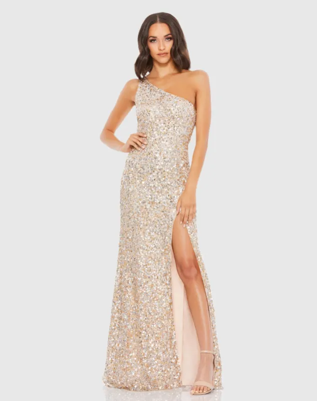 Beige Sequin One Shoulder Gown With Slit sold by Mac Duggal