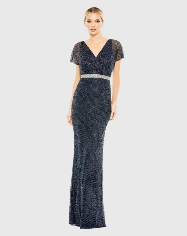 Navy Beaded Short Sleeve Column Gown sold by Mac Duggal