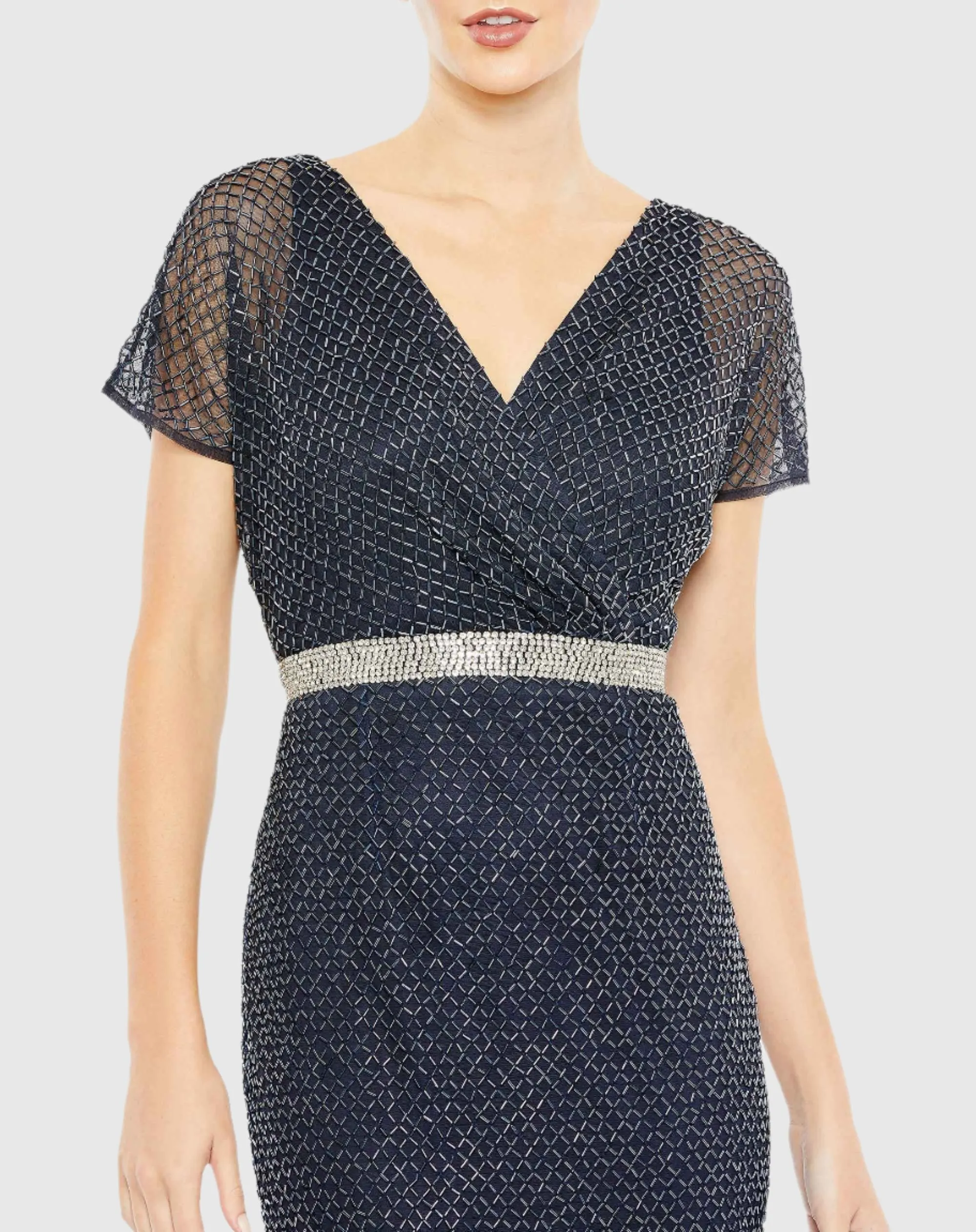 Navy Beaded Short Sleeve Column Gown sold by Mac Duggal product image thumbnail 2