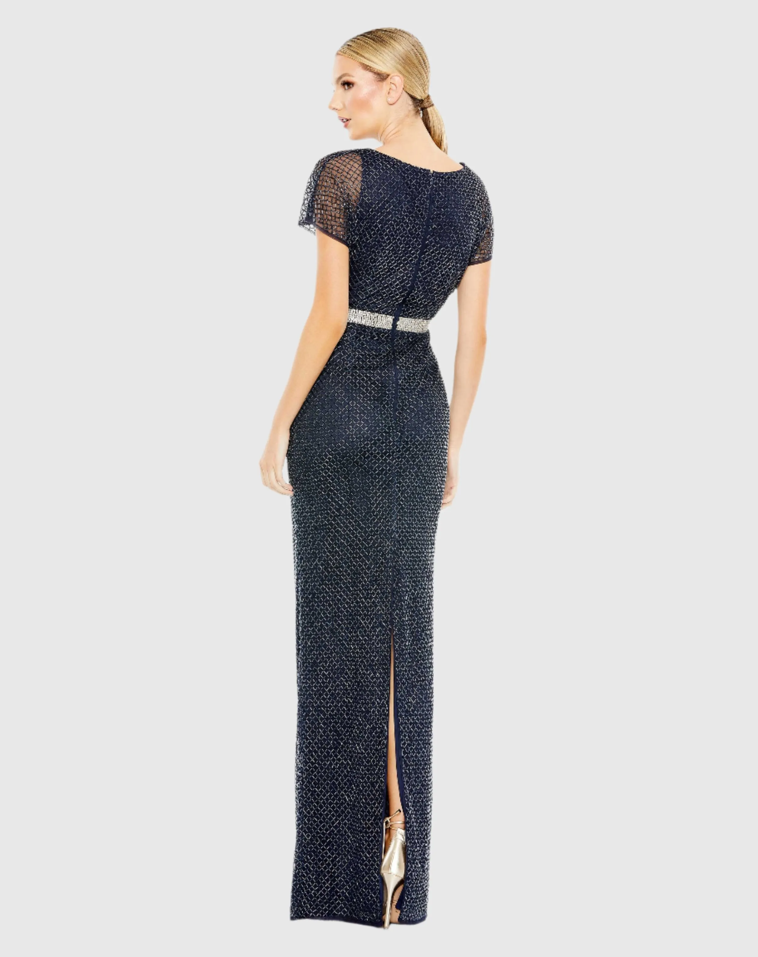 Navy Beaded Short Sleeve Column Gown sold by Mac Duggal product image thumbnail 3