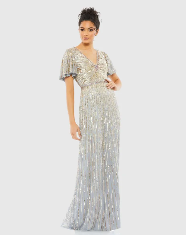 Silver Embellished V Neck Butterfly Sleeve Column Gown sold by Mac Duggal