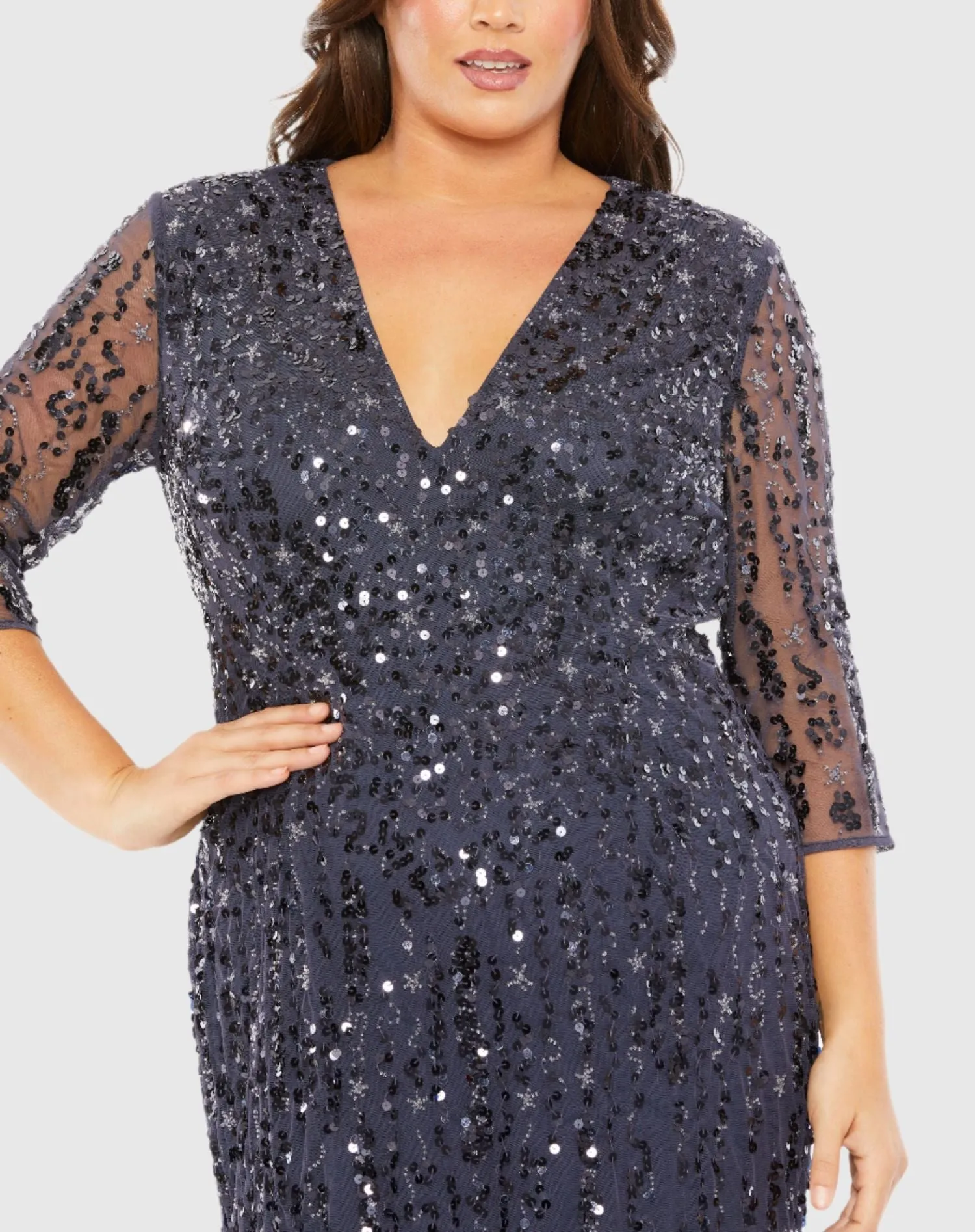 Navy Mid Length Mesh Sleeve V Neck Embellished Gown sold by Mac Duggal product image thumbnail 2