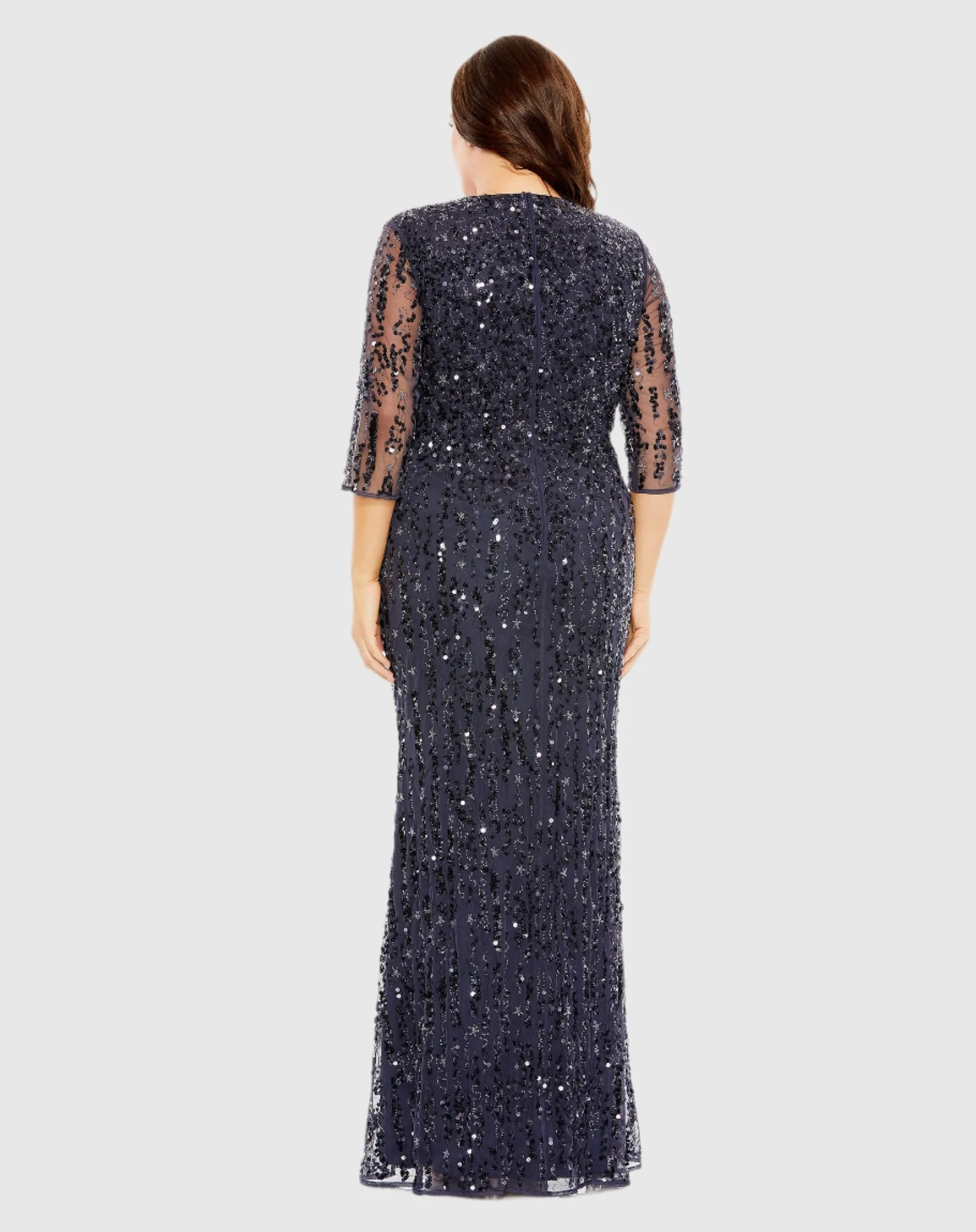 Navy Mid Length Mesh Sleeve V Neck Embellished Gown sold by Mac Duggal product image thumbnail 3
