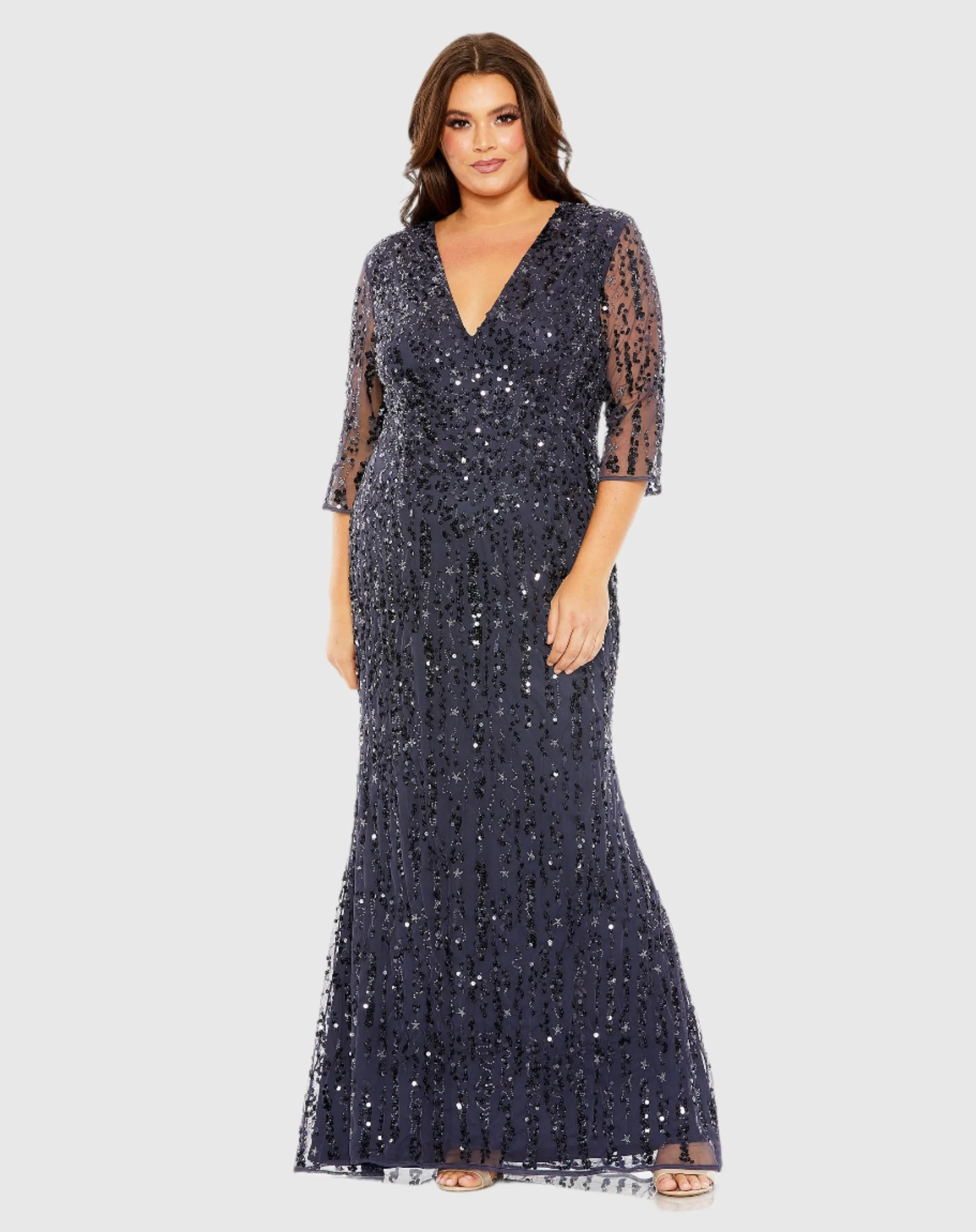 Navy Mid Length Mesh Sleeve V Neck Embellished Gown sold by Mac Duggal