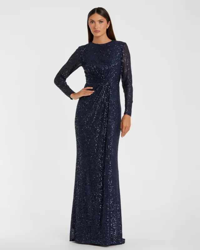 Navy Sequined Long Sleeve Side Knot Gown sold by Mac Duggal