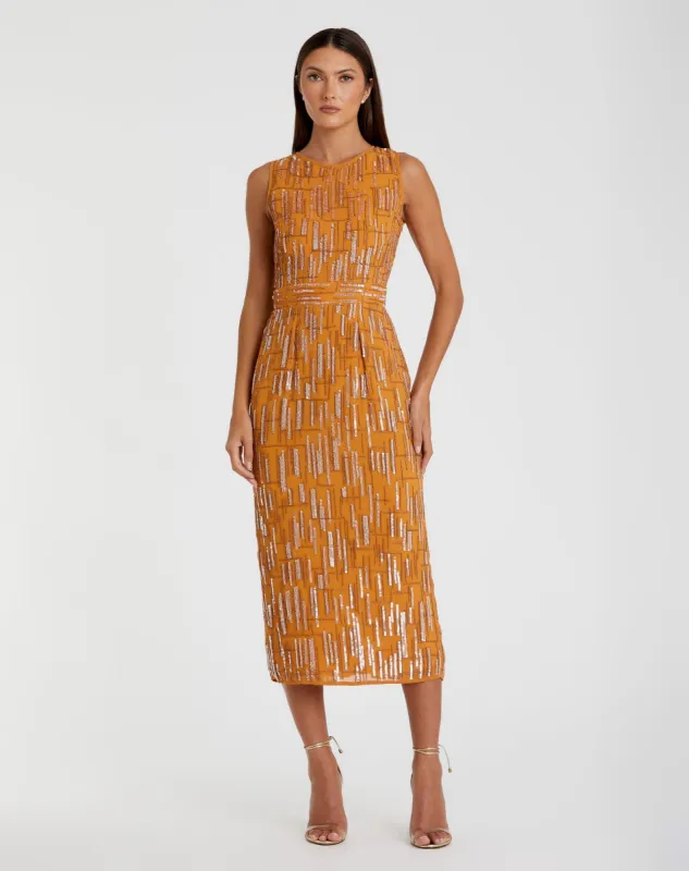 Abstract Beaded Sleeveless Midi Sheath Dress sold by Mac Duggal