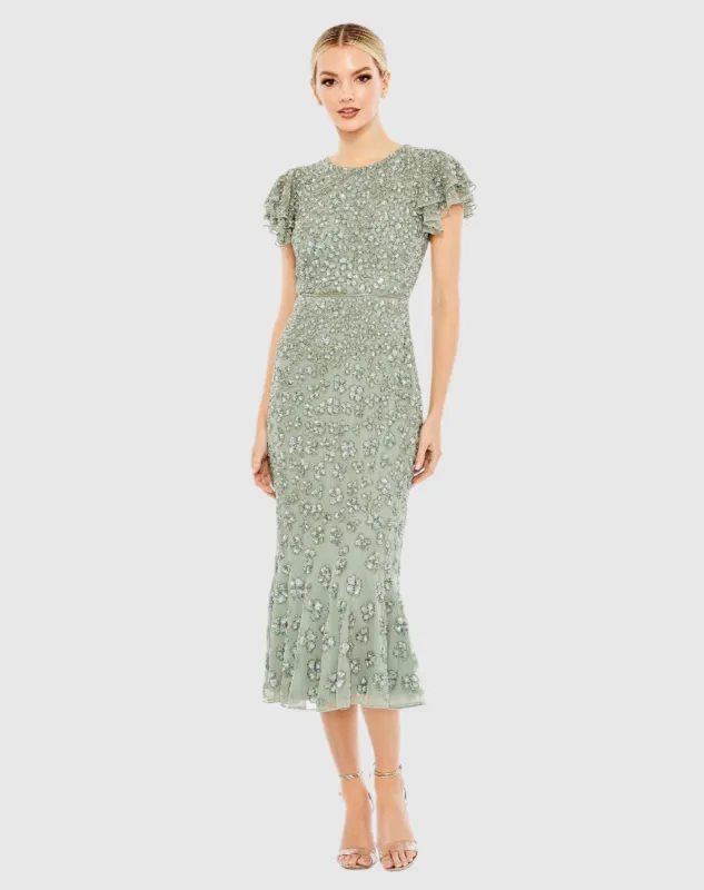 Hand Beaded Flounce Sleeve Midi Dress sold by Mac Duggal