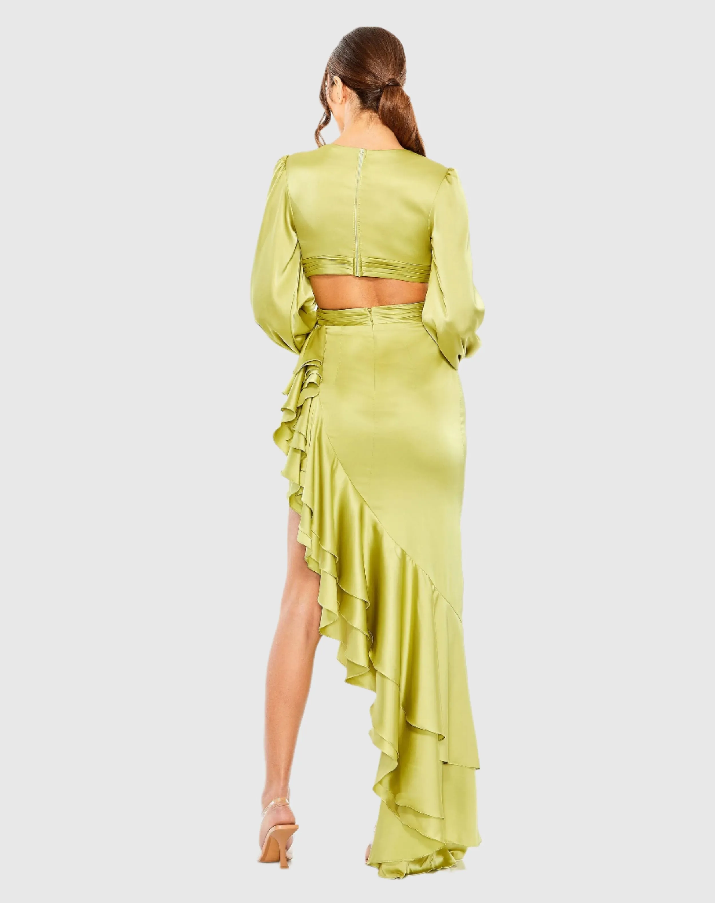 Green Cut Out Asymmetrical Ruffled Gown sold by Mac Duggal product image thumbnail 3