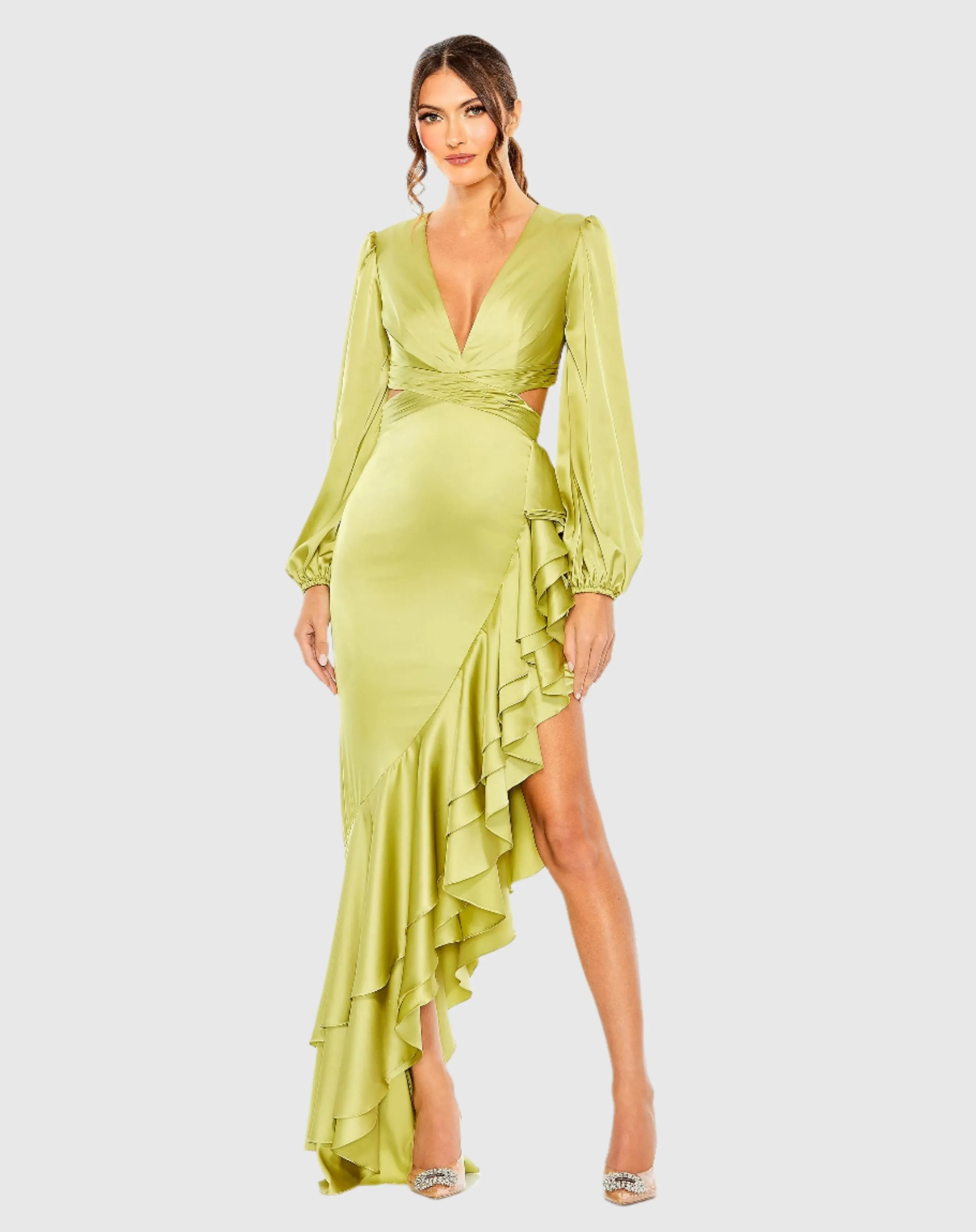 Green Cut Out Asymmetrical Ruffled Gown sold by Mac Duggal