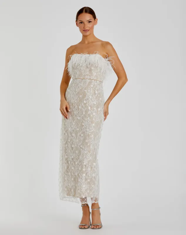 White and Beige Embellished Feather Strapless Column Dress sold by Mac Duggal