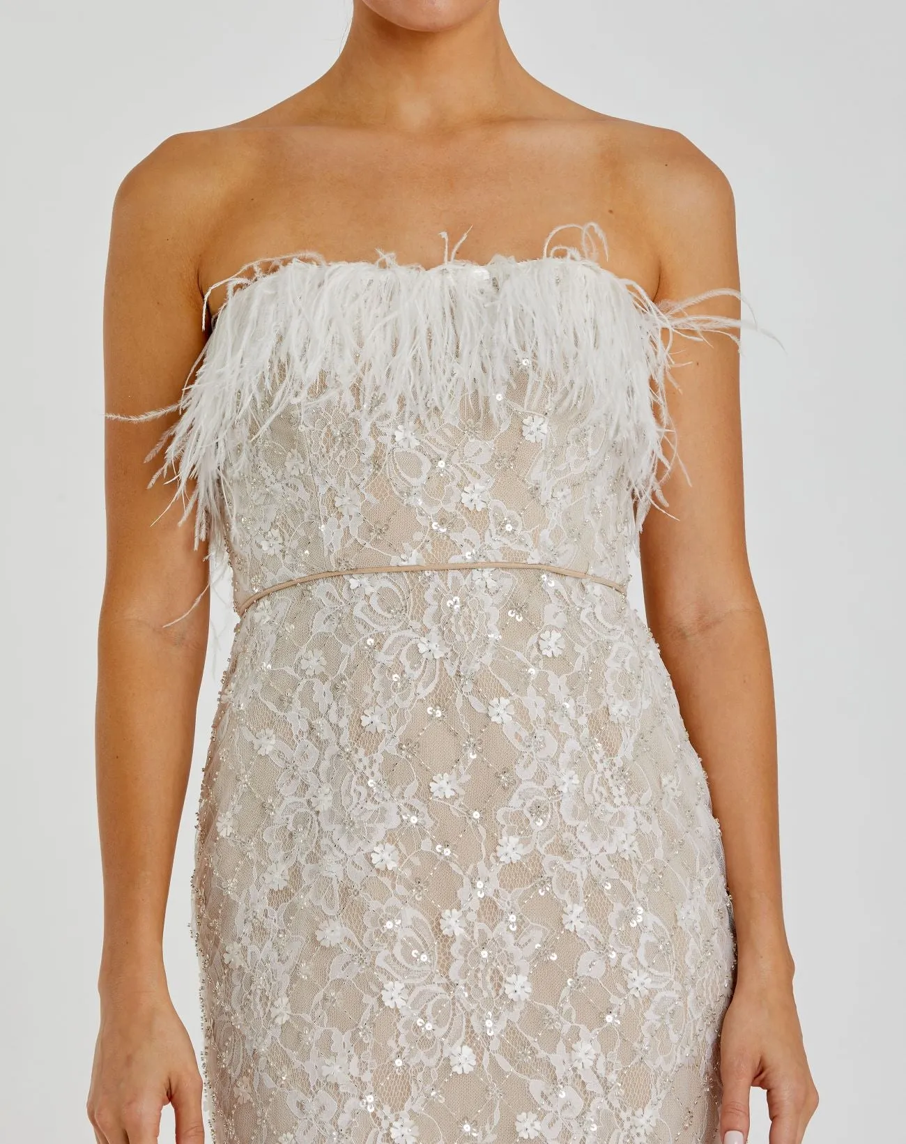 White and Beige Embellished Feather Strapless Column Dress sold by Mac Duggal product image thumbnail 2