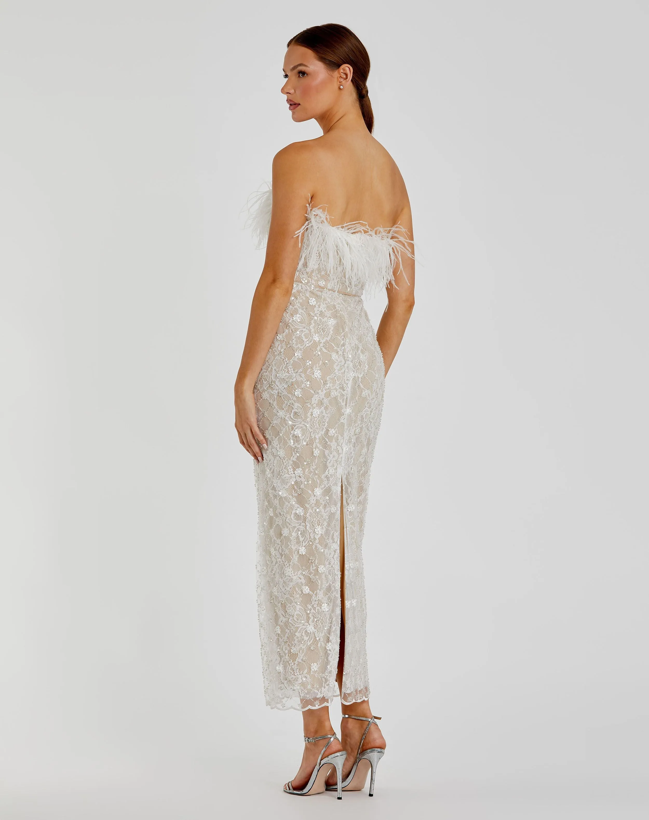White and Beige Embellished Feather Strapless Column Dress sold by Mac Duggal product image thumbnail 3