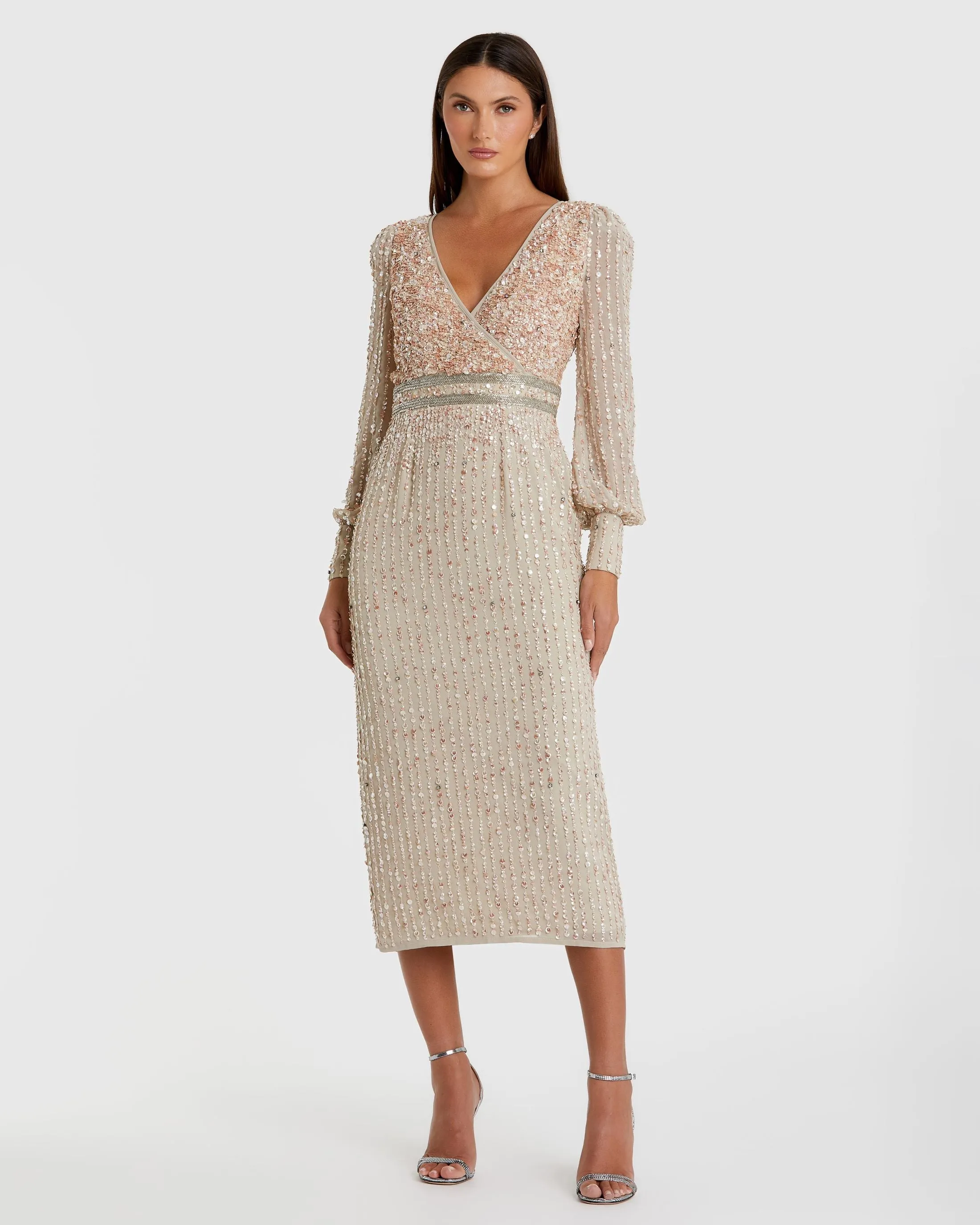 Sequined V Neck Bishop Sleeve Dress sold by Mac Duggal