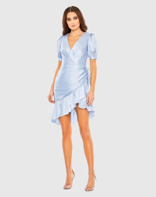 Short Puff Sleeve Faux Wrap Mini Dress sold by Mac Duggal