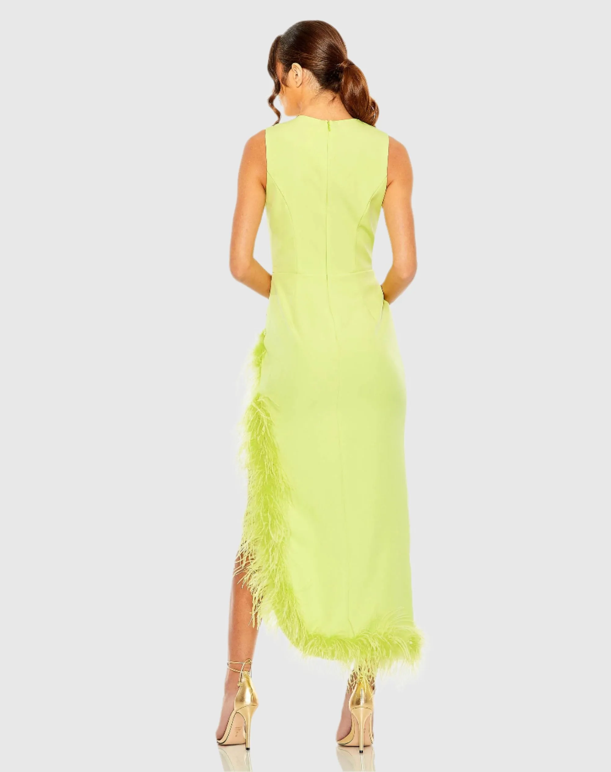 Green Ruched High-Low Sheath Dress with Feather Trim sold by Mac Duggal product image thumbnail 3