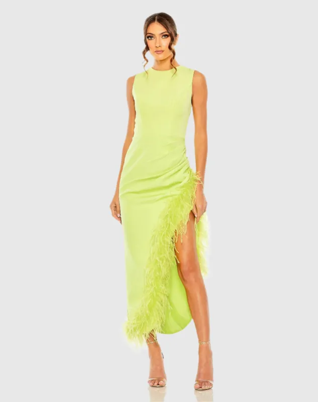 Green Ruched High-Low Sheath Dress with Feather Trim sold by Mac Duggal