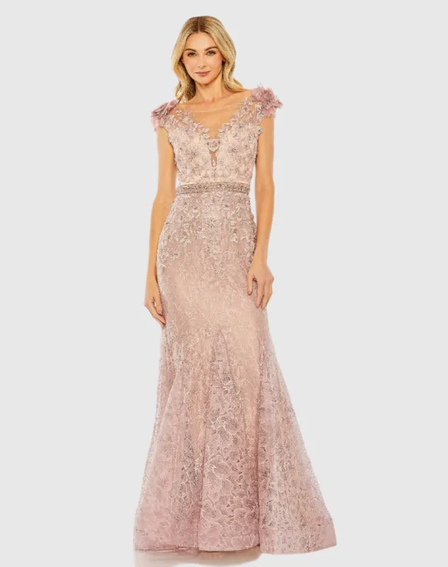 Pink High Neck Shoulder Flower Detail Mermaid Gown sold by Mac Duggal