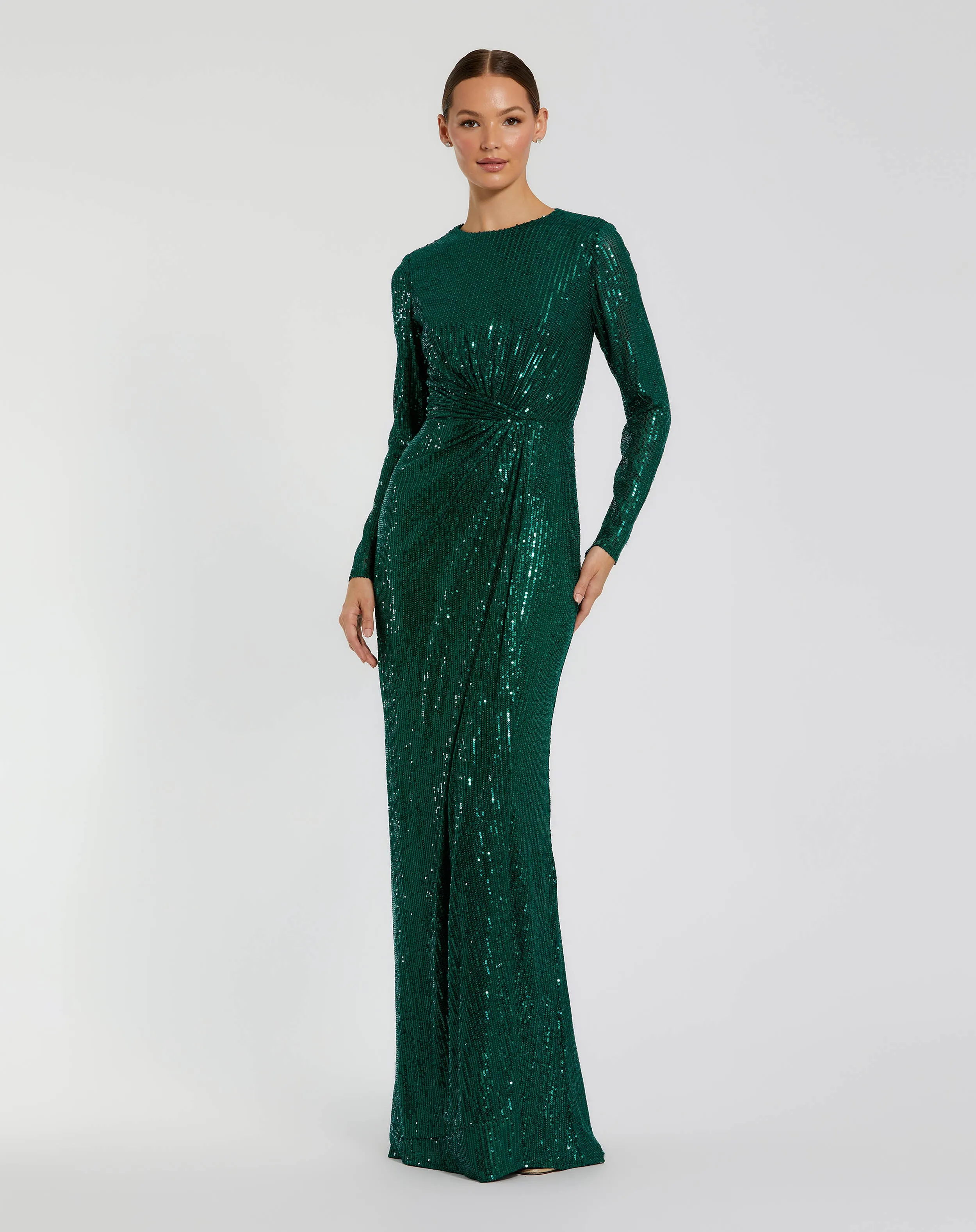 Sequined Long Sleeve Side Knot Gown sold by Mac Duggal