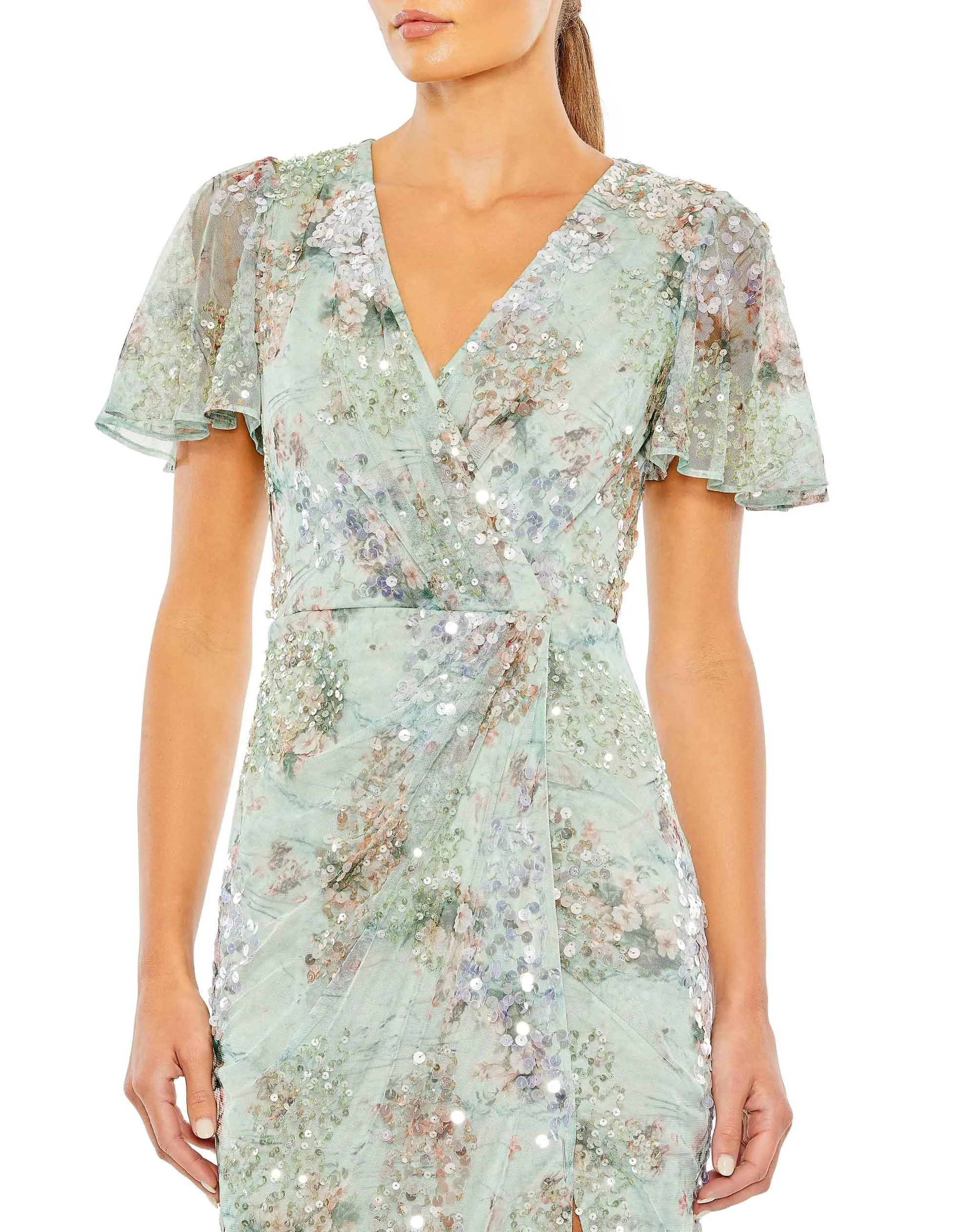 Green Embellished Butterfly Sleeve Faux Wrap Gown sold by Mac Duggal product image thumbnail 2