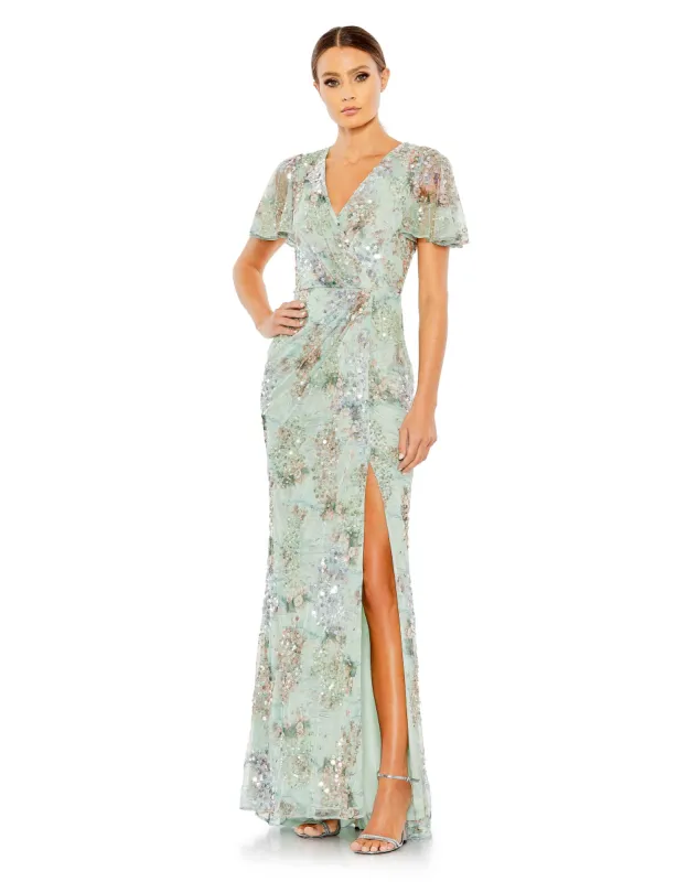 Green Embellished Butterfly Sleeve Faux Wrap Gown sold by Mac Duggal
