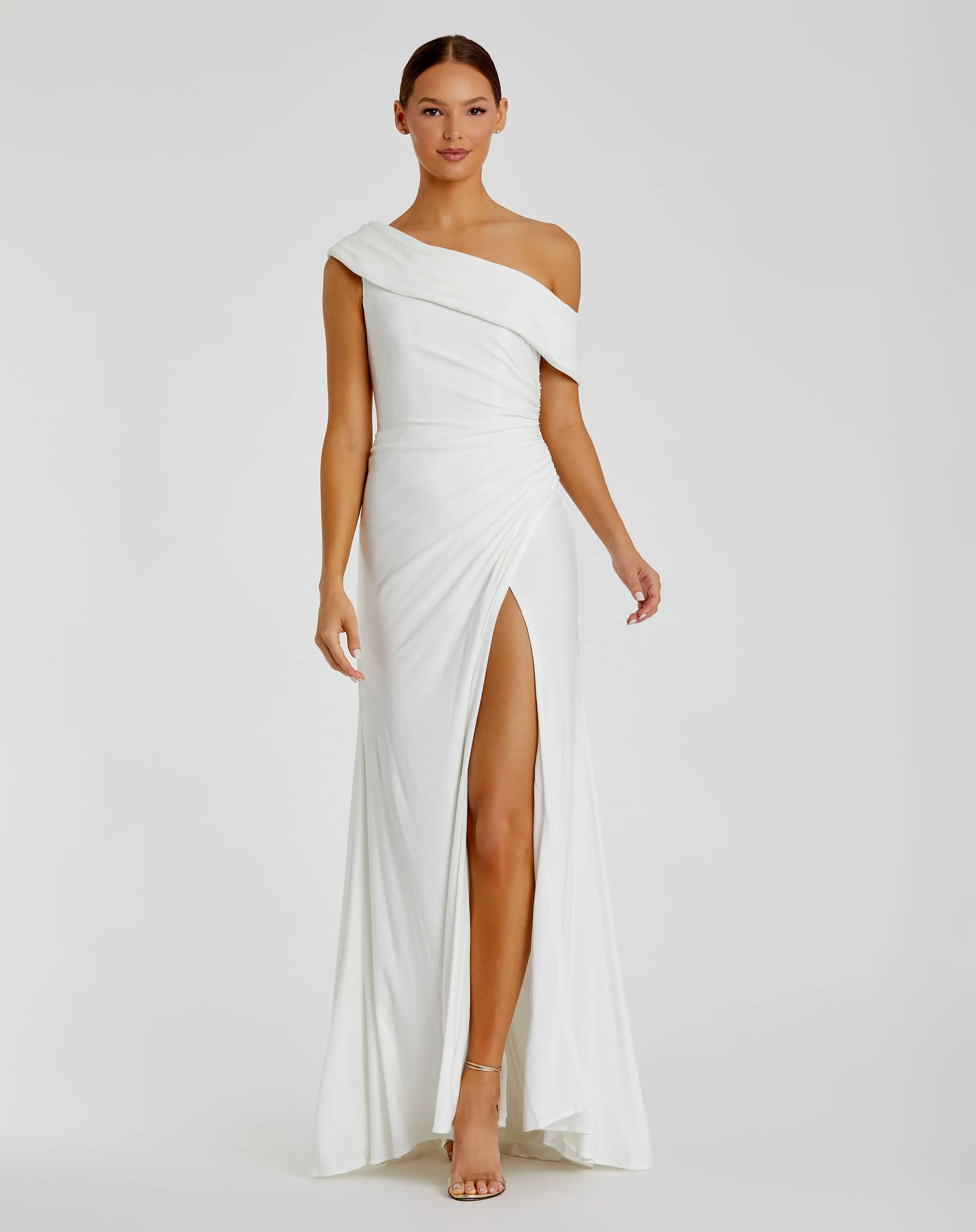 Foldover Off-the-Shoulder Slit Gown sold by Mac Duggal