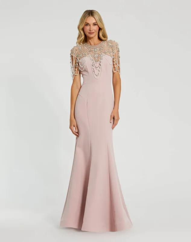 Draped Pearl Beaded Mermaid Gown sold by Mac Duggal
