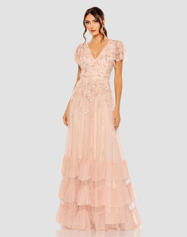 Ruffle Tiered Embellished Faux Wrap Flutter Sleeve Gown sold by Mac Duggal
