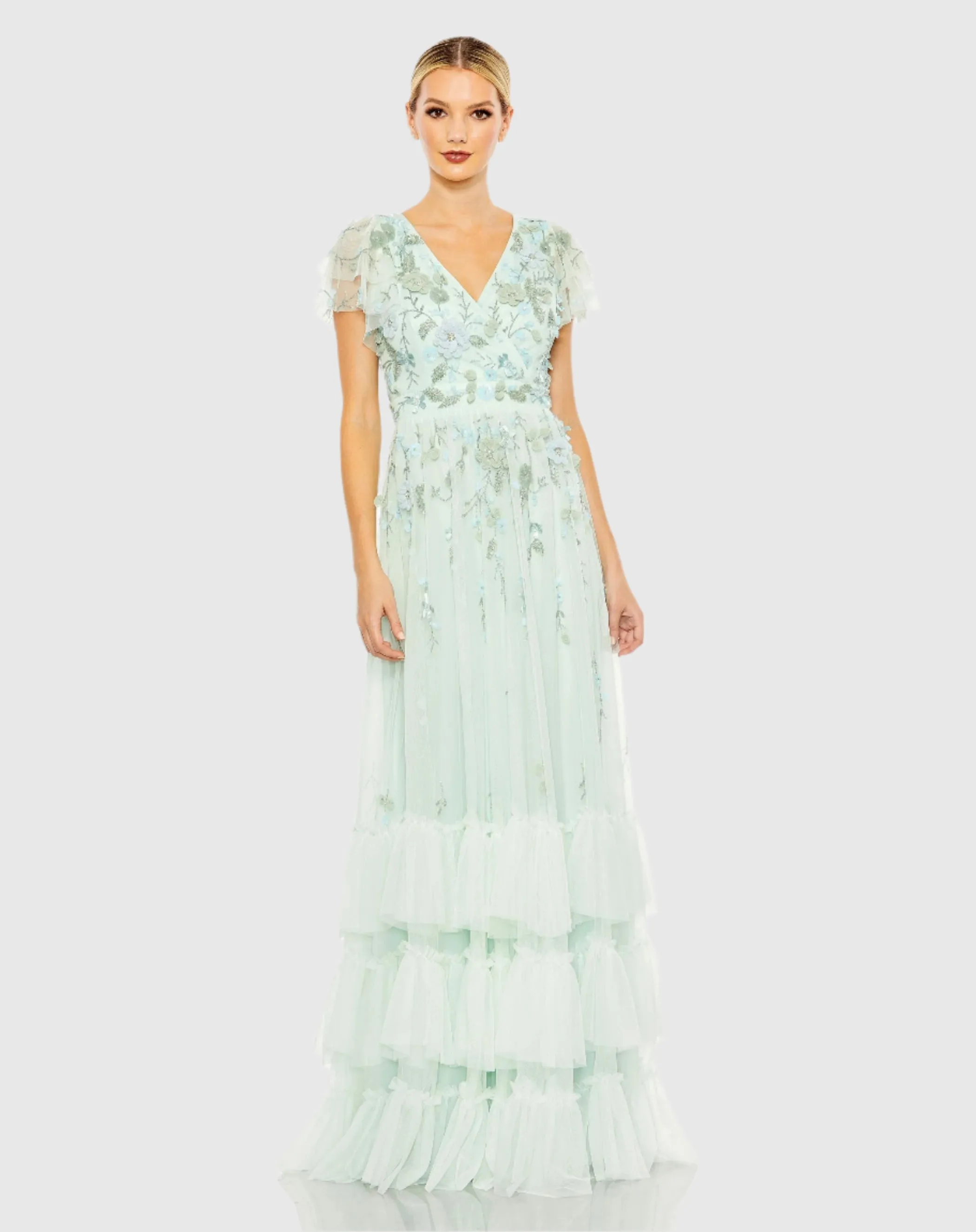 Ruffle Tiered Embellished Faux Wrap Flutter Sleeve Gown sold by Mac Duggal product image thumbnail 2
